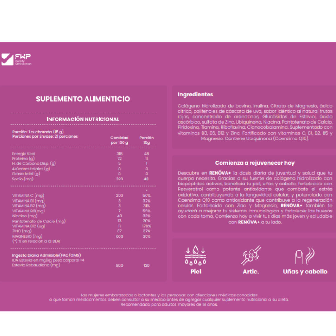 RENÖVA+ Colágeno Hidrolizado Dosis Diaria de Juventud